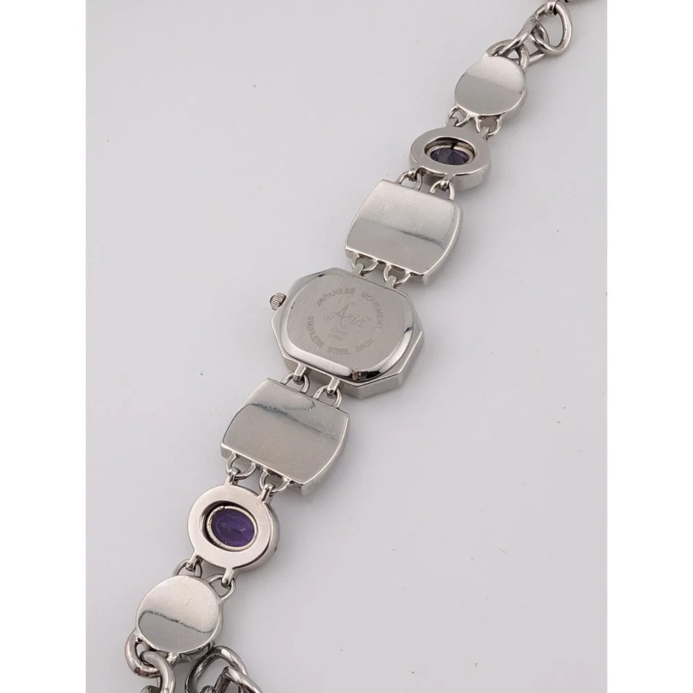 Aria Women's Purple Gemstone Silver Tone Watch MOP Dial 23-569 New Battery